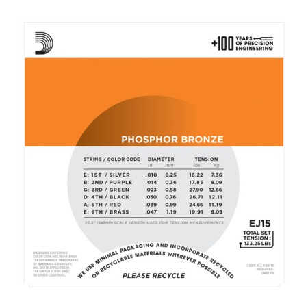 D'Addario EJ15 Phosphor Bronze Extra Light 10-47 Akustik Gitar Takım Tel - Thumbnail