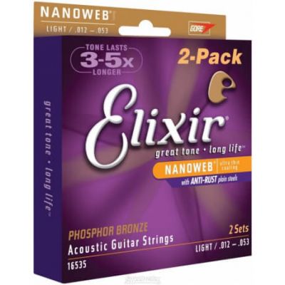 Elixir Nanoweb Phosphor Bronze 16535 Akustik Gitar Teli 2 Paket (12-53) - 1