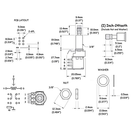 WD B500K 9.4mm Long Shaft Pushpush Gitar Potans - Thumbnail